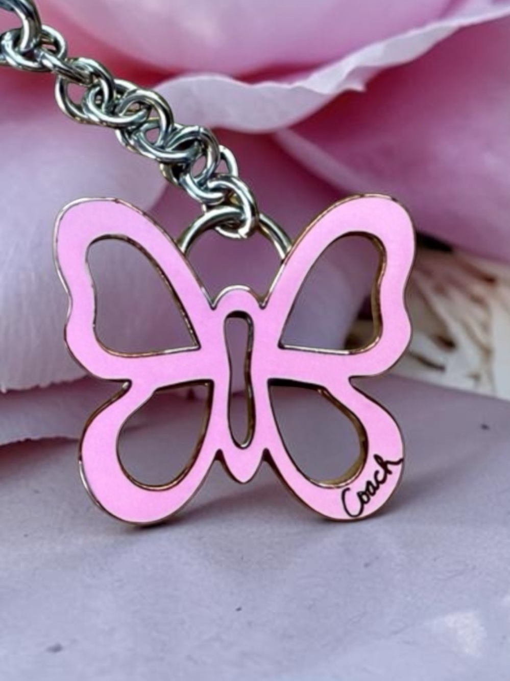 Coach, pink enamel, large butterfly keychain and/or bag charm EUC - Picture 4 of 7